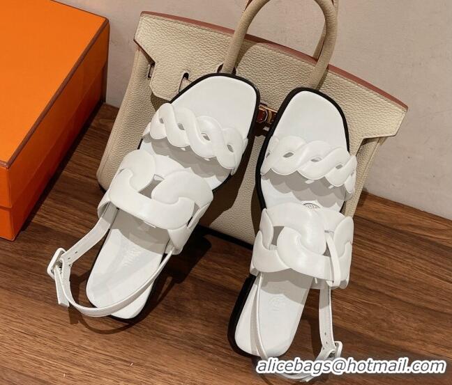 Discount Hermes Grace Flat Sandals in Nappa leather Chain White 525106