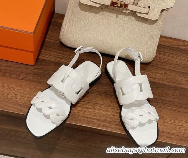 Discount Hermes Grace Flat Sandals in Nappa leather Chain White 525106