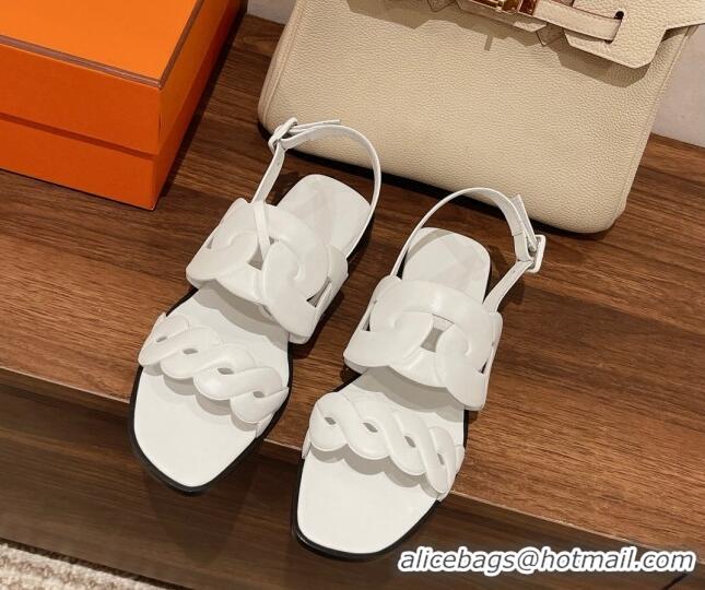 Discount Hermes Grace Flat Sandals in Nappa leather Chain White 525106