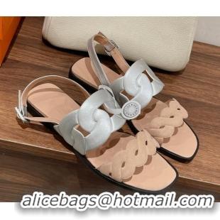 Super Quality Hermes Grace Flat Sandals in Nappa leather Chain Nude/Silver 525107