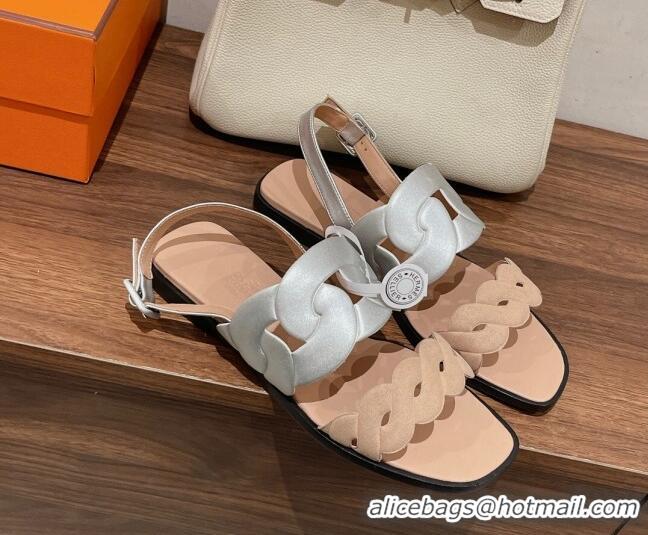 Super Quality Hermes Grace Flat Sandals in Nappa leather Chain Nude/Silver 525107