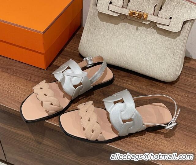 Super Quality Hermes Grace Flat Sandals in Nappa leather Chain Nude/Silver 525107