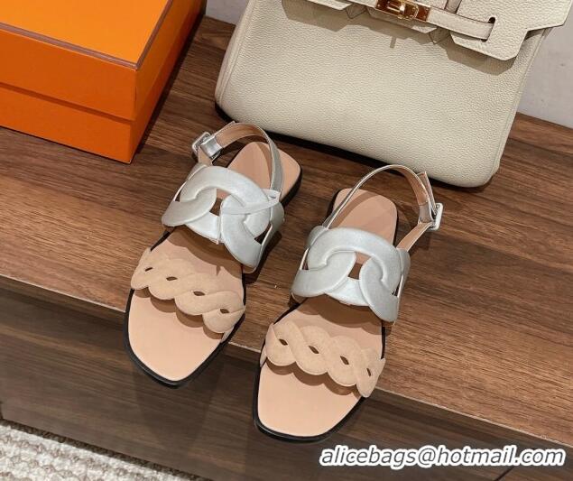 Super Quality Hermes Grace Flat Sandals in Nappa leather Chain Nude/Silver 525107