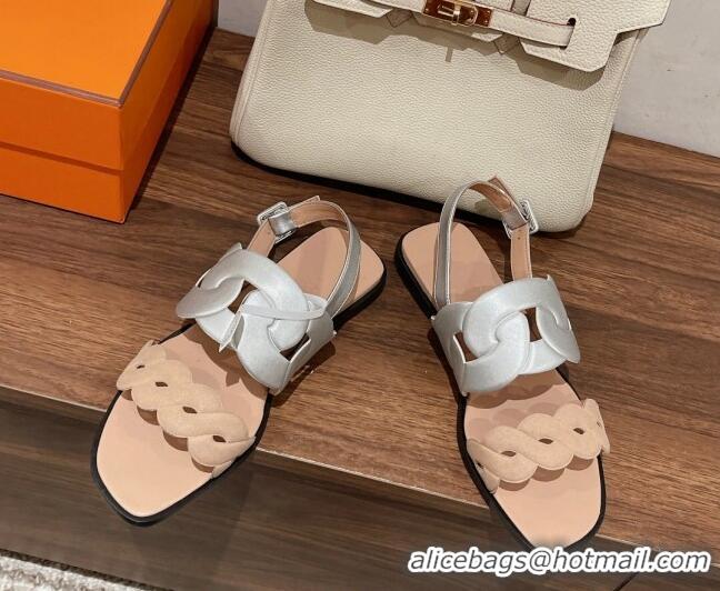 Super Quality Hermes Grace Flat Sandals in Nappa leather Chain Nude/Silver 525107