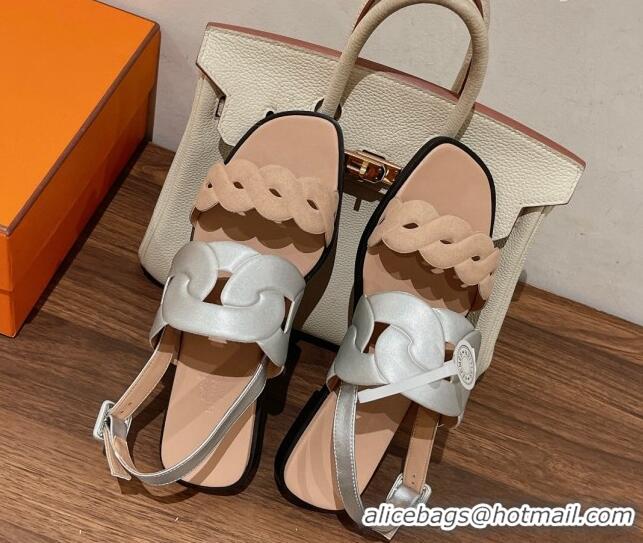 Super Quality Hermes Grace Flat Sandals in Nappa leather Chain Nude/Silver 525107