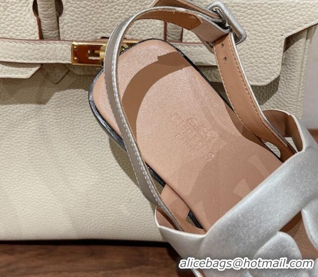 Super Quality Hermes Grace Flat Sandals in Nappa leather Chain Nude/Silver 525107