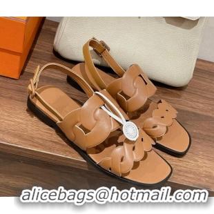 Classic Practical Hermes Grace Flat Sandals in Nappa leather Chain Brown 525108