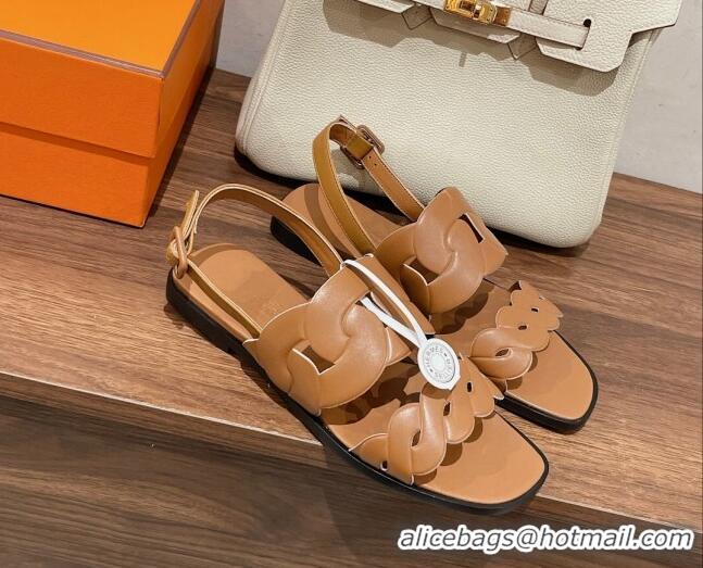 Classic Practical Hermes Grace Flat Sandals in Nappa leather Chain Brown 525108