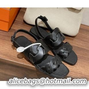 Discount Hermes Grace Flat Sandals in Nappa leather Chain Black 525109