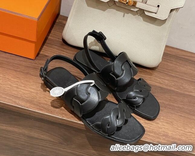 Discount Hermes Grace Flat Sandals in Nappa leather Chain Black 525109