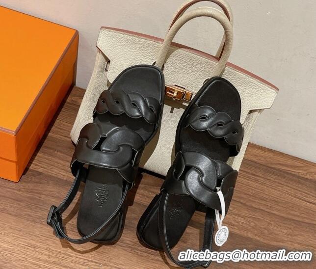 Discount Hermes Grace Flat Sandals in Nappa leather Chain Black 525109