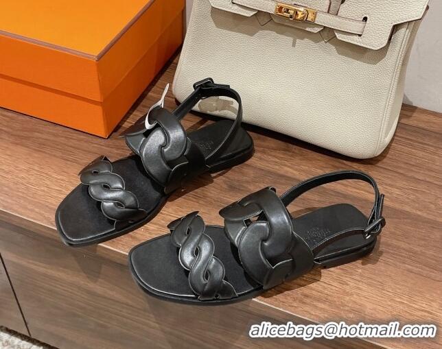 Discount Hermes Grace Flat Sandals in Nappa leather Chain Black 525109