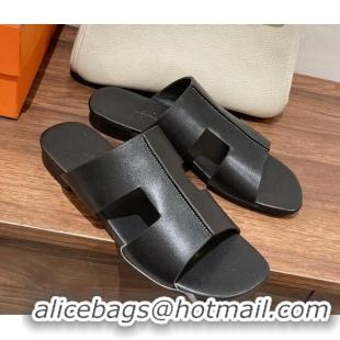 Lower Price Hermes Devise Flat Slide Sandals in Nappa Leather Black 525114