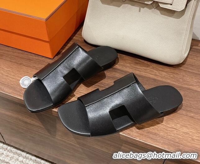 Lower Price Hermes Devise Flat Slide Sandals in Nappa Leather Black 525114