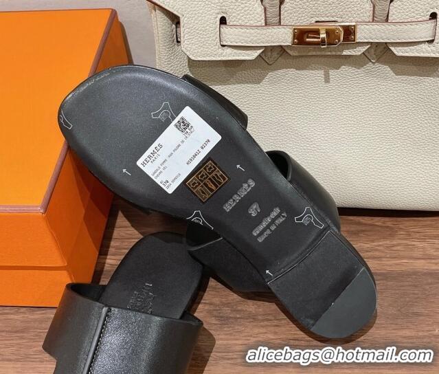 Lower Price Hermes Devise Flat Slide Sandals in Nappa Leather Black 525114