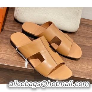 Charming Hermes Devise Flat Slide Sandals in Nappa Leather Brown 525115