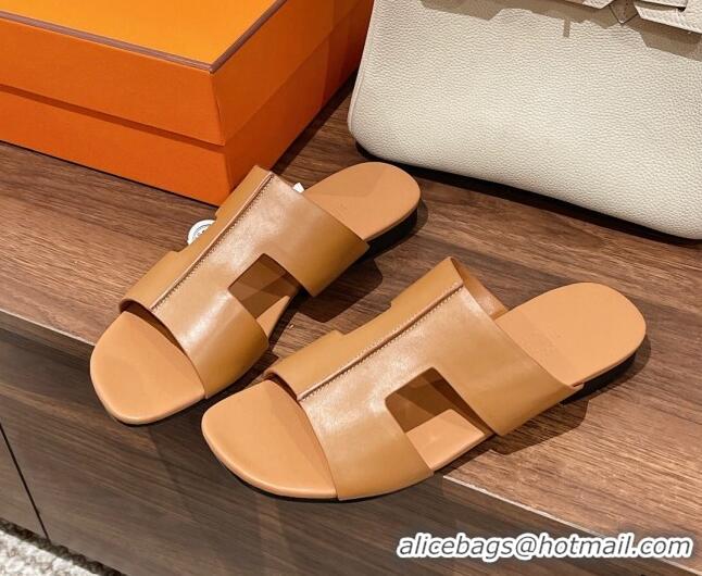 Charming Hermes Devise Flat Slide Sandals in Nappa Leather Brown 525115