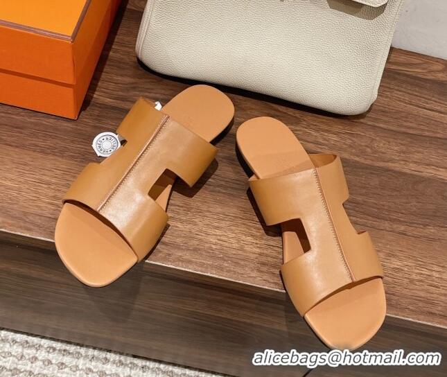 Charming Hermes Devise Flat Slide Sandals in Nappa Leather Brown 525115