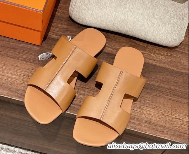 Charming Hermes Devise Flat Slide Sandals in Nappa Leather Brown 525115