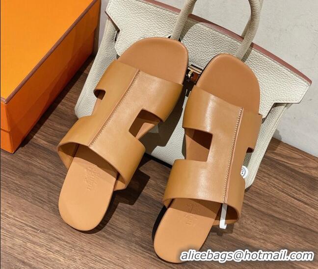 Charming Hermes Devise Flat Slide Sandals in Nappa Leather Brown 525115