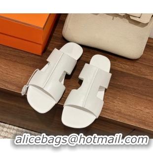 Top Grade Hermes Devise Flat Slide Sandals in Nappa Leather White 525116