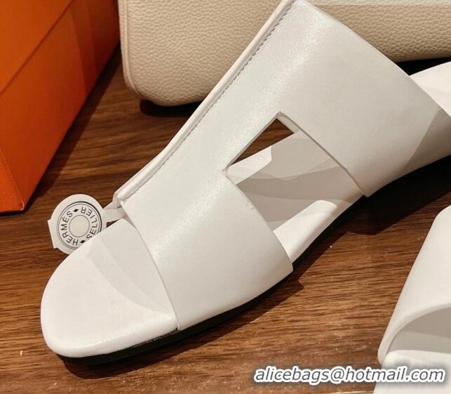 Top Grade Hermes Devise Flat Slide Sandals in Nappa Leather White 525116