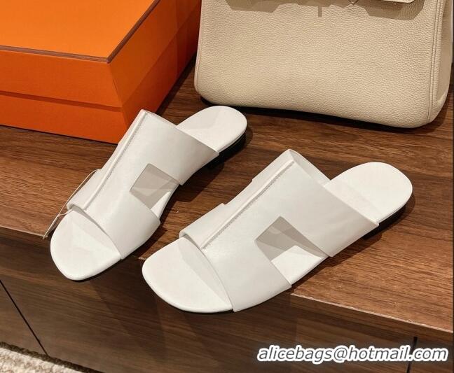 Top Grade Hermes Devise Flat Slide Sandals in Nappa Leather White 525116