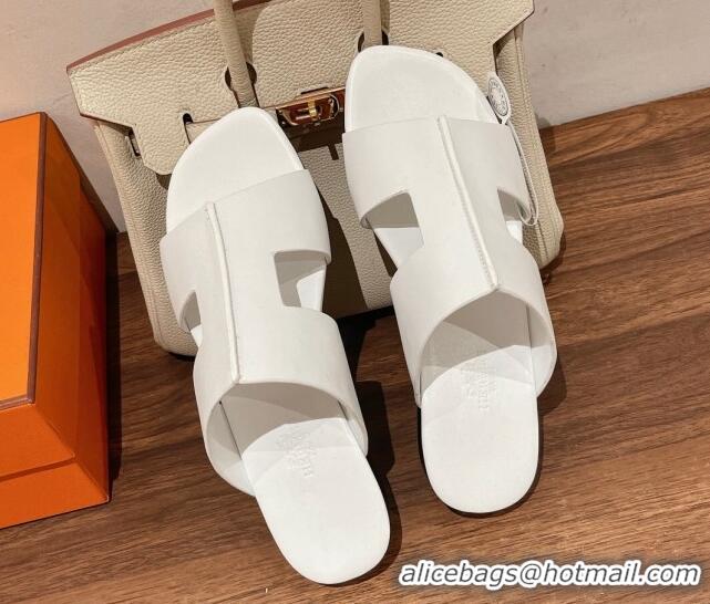 Top Grade Hermes Devise Flat Slide Sandals in Nappa Leather White 525116