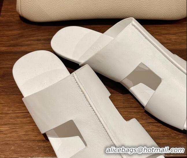 Top Grade Hermes Devise Flat Slide Sandals in Nappa Leather White 525116