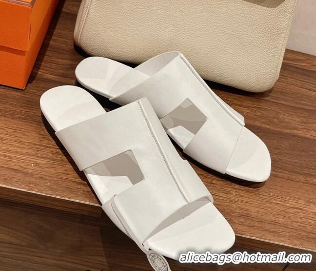 Top Grade Hermes Devise Flat Slide Sandals in Nappa Leather White 525116