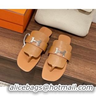 Best Quality Hermes Galerie Flat Thong Slide Sandals in Calfskin Brown 525117