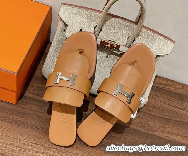 Best Quality Hermes Galerie Flat Thong Slide Sandals in Calfskin Brown 525117