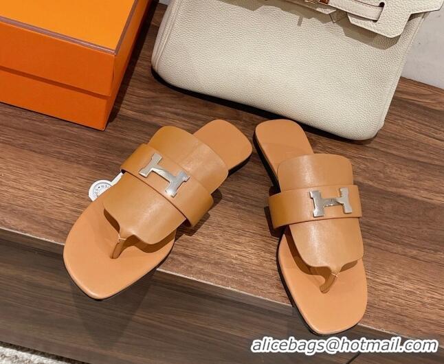 Best Quality Hermes Galerie Flat Thong Slide Sandals in Calfskin Brown 525117