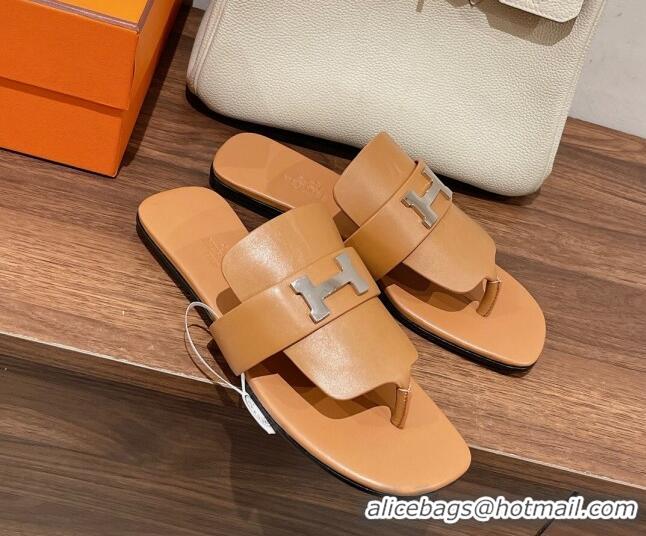 Best Quality Hermes Galerie Flat Thong Slide Sandals in Calfskin Brown 525117