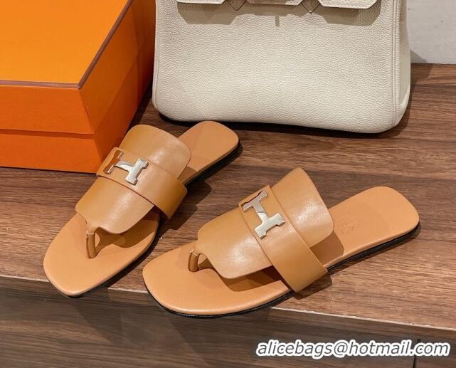 Best Quality Hermes Galerie Flat Thong Slide Sandals in Calfskin Brown 525117