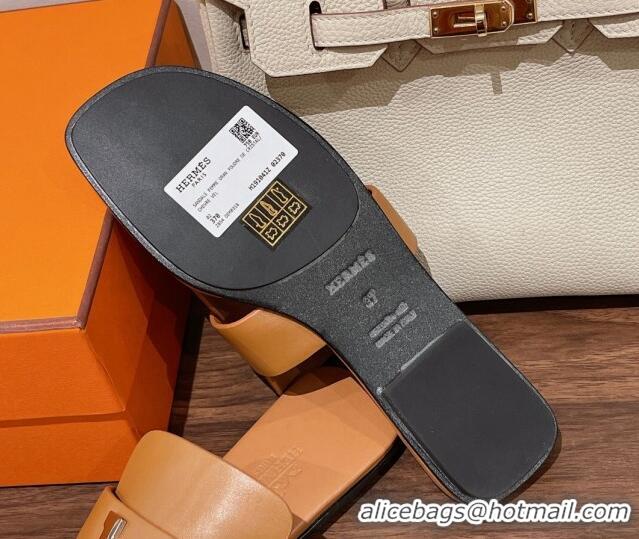 Best Quality Hermes Galerie Flat Thong Slide Sandals in Calfskin Brown 525117