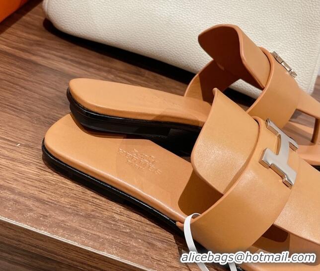 Best Quality Hermes Galerie Flat Thong Slide Sandals in Calfskin Brown 525117