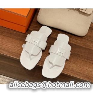 Well Crafted Hermes Galerie Flat Thong Slide Sandals in Calfskin 525117 White