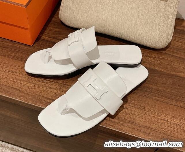 Well Crafted Hermes Galerie Flat Thong Slide Sandals in Calfskin 525117 White