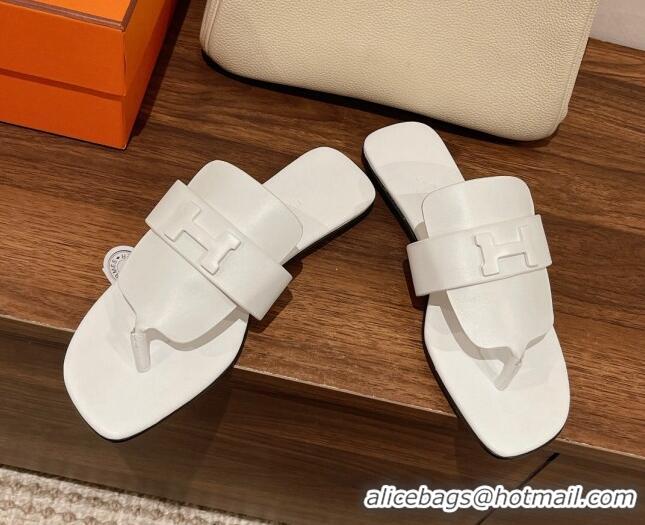 Well Crafted Hermes Galerie Flat Thong Slide Sandals in Calfskin 525117 White