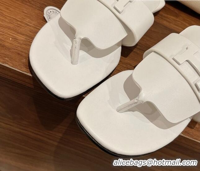 Well Crafted Hermes Galerie Flat Thong Slide Sandals in Calfskin 525117 White