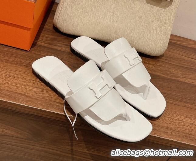 Well Crafted Hermes Galerie Flat Thong Slide Sandals in Calfskin 525117 White