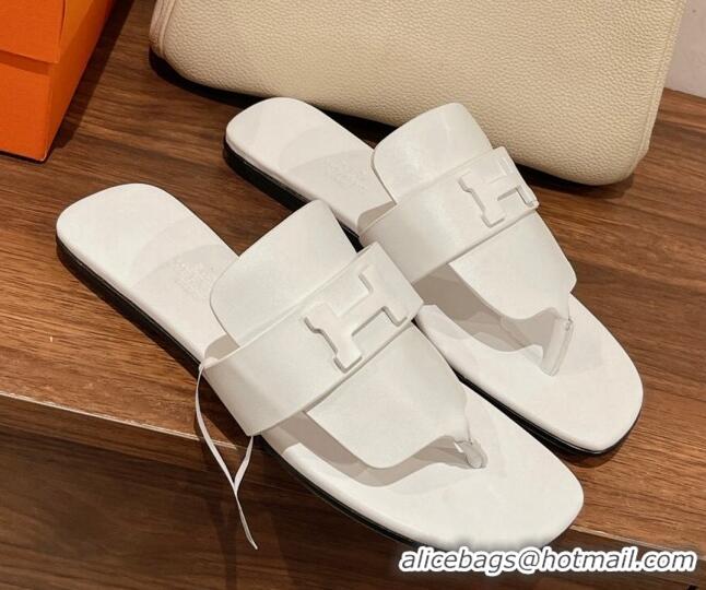 Well Crafted Hermes Galerie Flat Thong Slide Sandals in Calfskin 525117 White