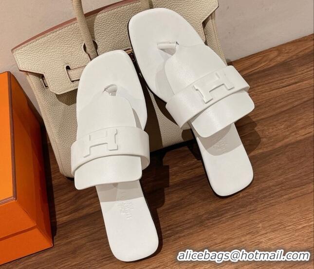 Well Crafted Hermes Galerie Flat Thong Slide Sandals in Calfskin 525117 White