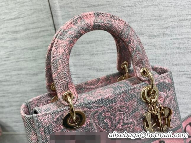 Famous Brand Dior Medium Lady D-Lite Bag in Toile de Jouy Reverse Embroidery CD6085 Grey and Pink 2023