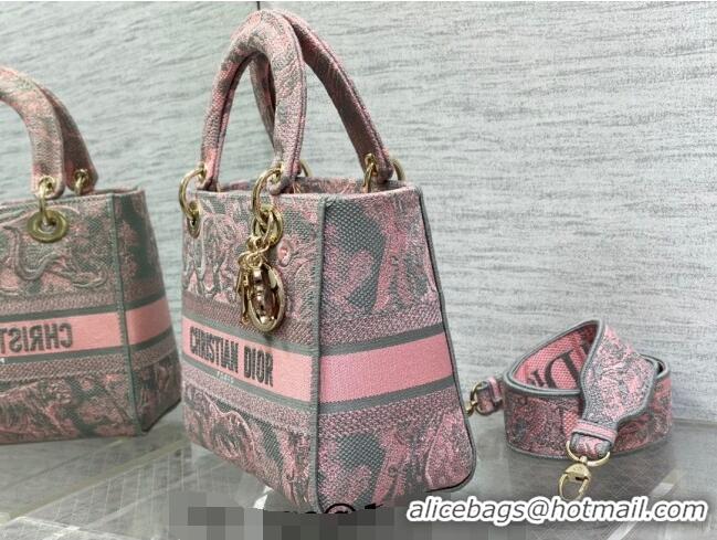 Famous Brand Dior Medium Lady D-Lite Bag in Toile de Jouy Reverse Embroidery CD6085 Grey and Pink 2023