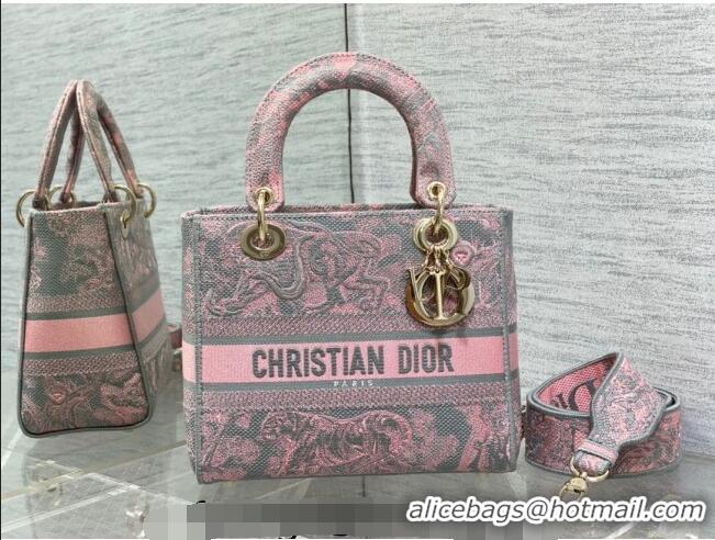 Famous Brand Dior Medium Lady D-Lite Bag in Toile de Jouy Reverse Embroidery CD6085 Grey and Pink 2023