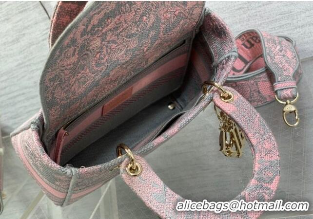 Famous Brand Dior Medium Lady D-Lite Bag in Toile de Jouy Reverse Embroidery CD6085 Grey and Pink 2023