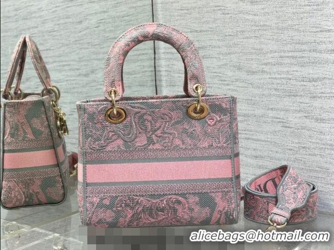 Famous Brand Dior Medium Lady D-Lite Bag in Toile de Jouy Reverse Embroidery CD6085 Grey and Pink 2023