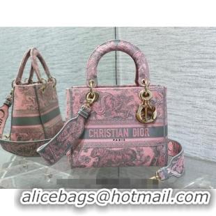 Best Quality Dior Medium Lady D-Lite Bag in Toile de Jouy Reverse Embroidery CD6086 Grey and Pink 2023